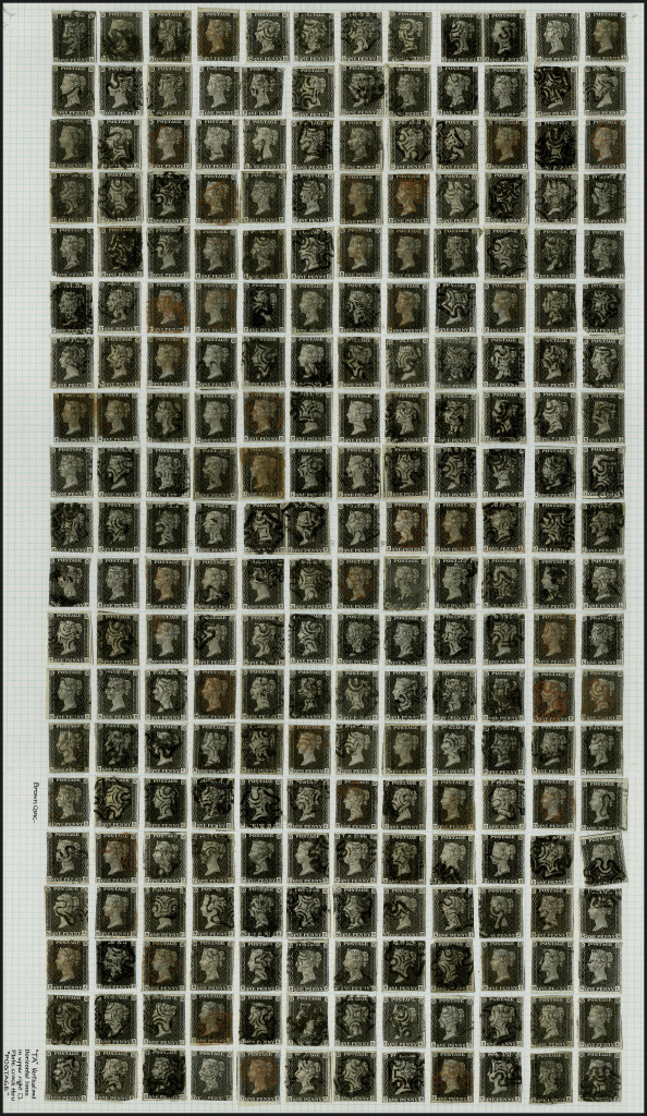 a composite plate reconstruction of 240 used Penny Black stamps